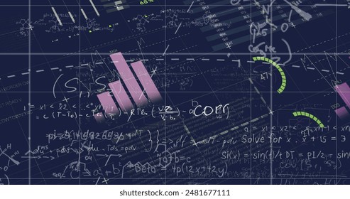 Image of statistical data processing and mathematical equations against blue background. Business data and research science technology concept