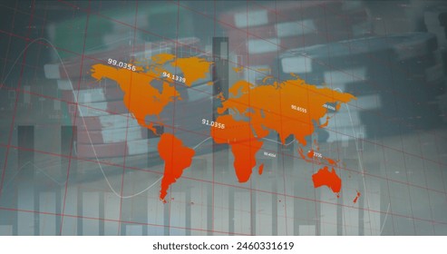 Image of statistical data processing over world map against poker chips ad playing cards. Gambling and business data technology concept - Powered by Shutterstock