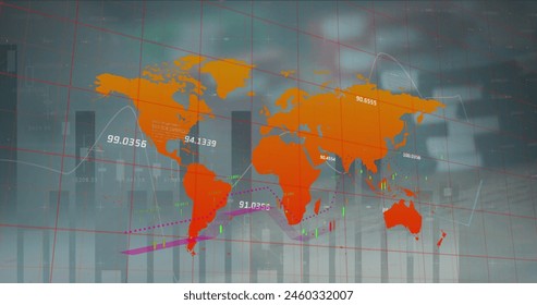 Image of statistical data processing over world map against poker chips ad playing cards. Gambling and business data technology concept - Powered by Shutterstock