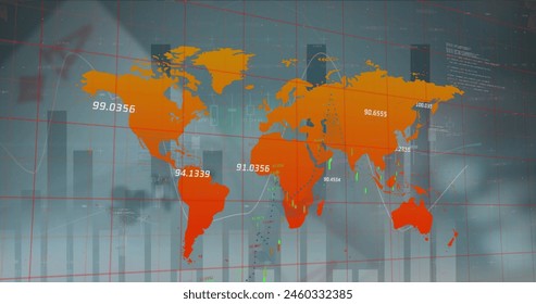 Image of statistical data processing over world map against poker chips ad playing cards. Gambling and business data technology concept - Powered by Shutterstock