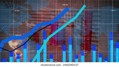 Image of statistical data processing over world map against grey background. Business data and analytics technology concept - Powered by Shutterstock - Get 15% off with code: PIKWIZARD15