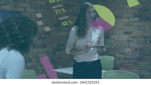 Image of statistical data processing over caucasian woman discussing with colleagues at office. Computer interface and business data technology concept