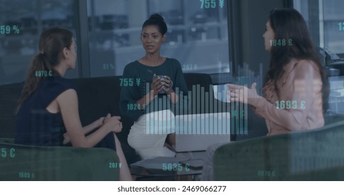 Image of statistical data processing over three diverse women discussing together at office. Global economy and business data technology concept