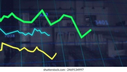 Image of statistical data processing over grid network against empty cafe at office. Computer interface and business data technology concept