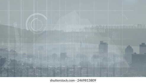 Image of statistical data processing over grid network against aerial view of cityscape. Computer interface and business data technology concept