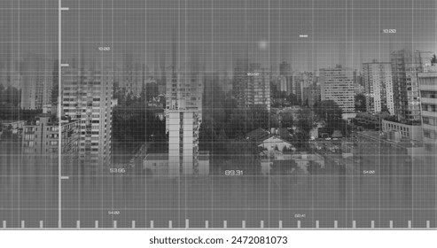Image of statistical data processing over grid network against aerial view of cityscape. Computer interface and business data technology concept