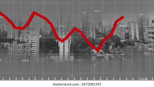 Image of statistical data processing over grid network against aerial view of cityscape. Computer interface and business data technology concept