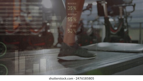 Image of statistical data processing over low section of woman running on treadmill at the gym. Sports fitness and business data technology concept - Powered by Shutterstock