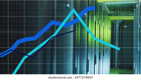 Image of statistical data processing over grid network against computer server room. Computer interface and business data storage technology concept