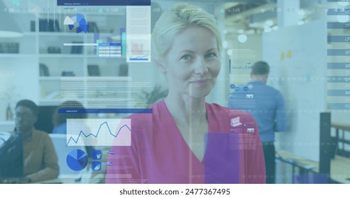 Image of statistical data processing over portrait of caucasian senior woman smiling at office. Computer interface and business data technology concept - Powered by Shutterstock