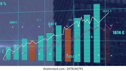 Image of statistical data processing over grid network against tall building. Computer interface and business data technology concept