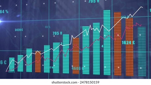 Image of statistical data processing over grid network against tall buildings. Computer interface and business data technology concept