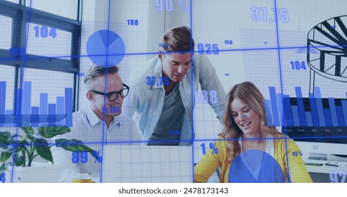 Image of statistical data processing over diverse colleagues discussing together at office. Business data technology concept