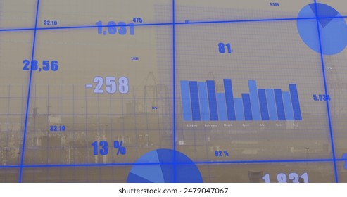 Image of statistical data processing over grid network against aerial view of cityscape. Computer interface and business data technology concept