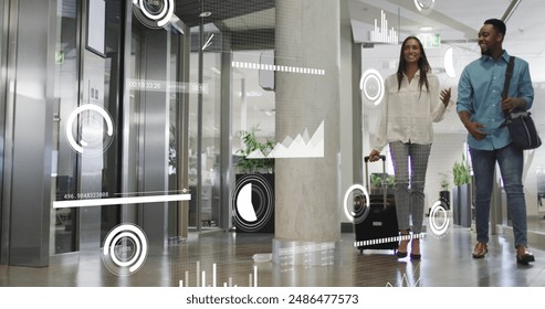 Image of statistical data processing over diverse man and woman discussing walking at office. Computer interface and business data technology concept