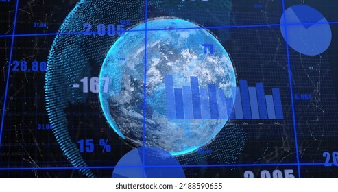 Image of statistical data processing over grid network and globe against blue background. Global networking and business data technology concept