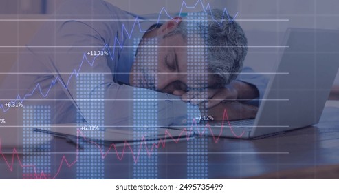 Image of statistical data processing over caucasian businessman sleeping on his desk at office. Computer interface and business data technology concept - Powered by Shutterstock