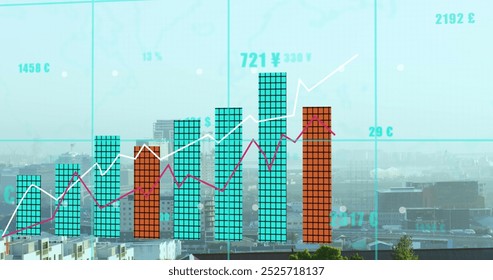 Image of statistical data processing over grid network against aerial view of cityscape. Computer interface and business data technology concept - Powered by Shutterstock - Get 15% off with code: PIKWIZARD15