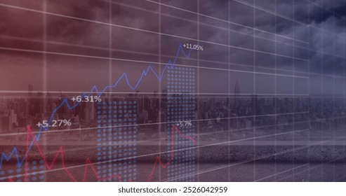Image of statistical data processing over grid network against aerial view of cityscape. Business data technology concept