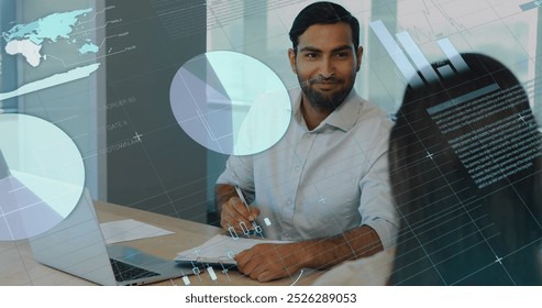 Image of statistical data processing over asian man taking notes talking to a woman at office. Computer interface and business data technology concept