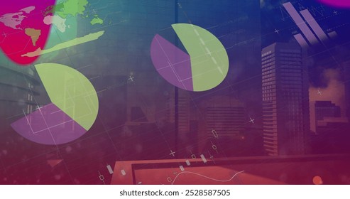 Image of statistical data processing over liquid abstract shapes against tall buildings. Computer interface and business technology concept