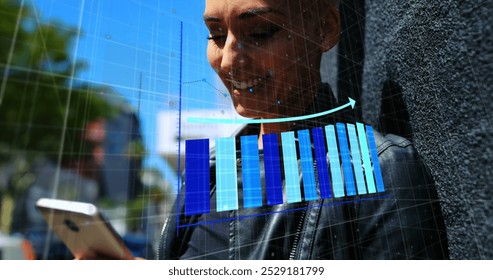 Image of statistical data processing over biracial woman using smartphone on the street. Global networking and business technology concept - Powered by Shutterstock