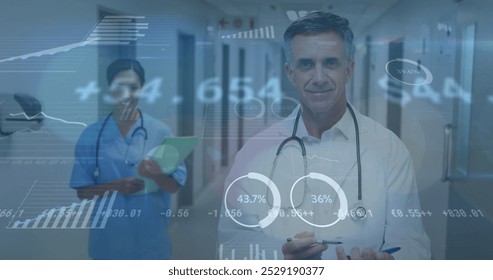 Image of statistical data processing over diverse male doctor and female health worker. Business data and medical healthcare technology concept