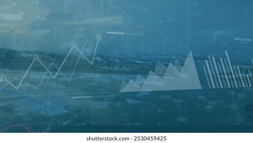 Image of statistical data processing over aerial view of landscape with sea and mountains. Business data technology concept