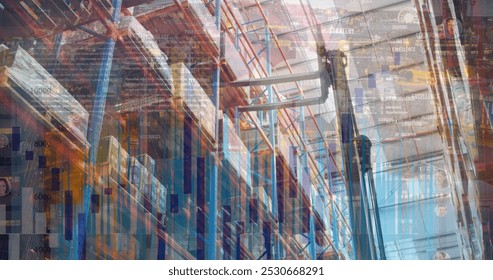 Image of statistical data processing over forklift machine at warehouse. Logistics and business technology concept - Powered by Shutterstock