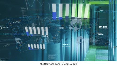 Image of statistical data processing over world map against computer server room. Computer interface and business data storage technology concept
