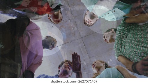 Image of statistical data processing over diverse colleagues stacking hands together at office. Business data and analytics technology concept - Powered by Shutterstock - Get 15% off with code: PIKWIZARD15