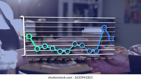 Image of statistical data processing over mid section of male waiter serving coffee at a cafe. Cryptocurrency and business technology concept