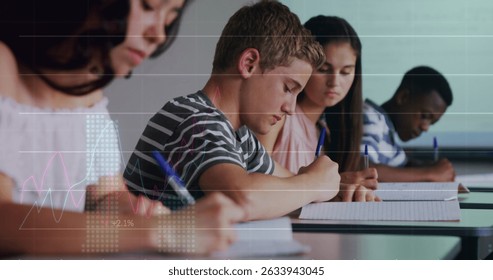 Image of statistical data processing over diverse group of students studying in class at school. Global business and education technology concept