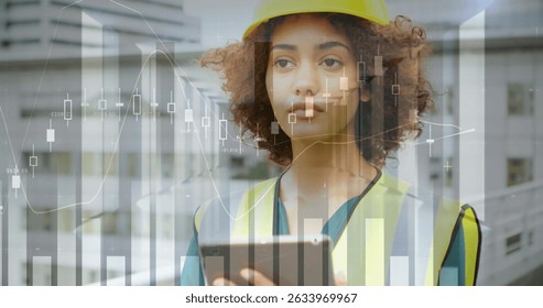 Image of statistical data processing over female architect using digital tablet. Modern architecture and business data technology concept - Powered by Shutterstock - Get 15% off with code: PIKWIZARD15