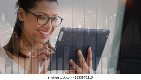 Image of statistical data processing over woman using digital tablet. Global networking and business data technology concept