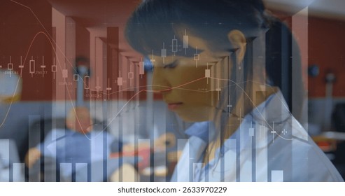 Image of statistical data processing over woman using digital tablet. Global networking and business data technology concept