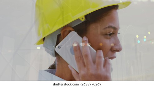 Image of statistical data processing over female architect talking on smartphone. Modern architecture and business data technology concept