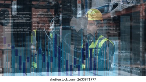 Image of statistical data processing over two male workers discussing at warehouse. Logistics business and technology concept