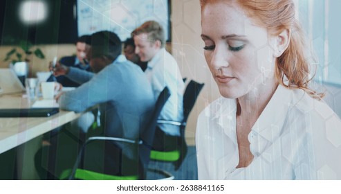 Image of statistical data processing over caucasian woman using digital tablet at office. Business data and analytics technology concept