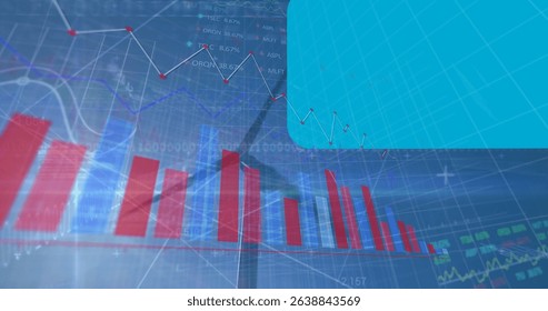 Image of statistical data processing over spinning windmill against blue sky. Renewable energy and business data technology concept