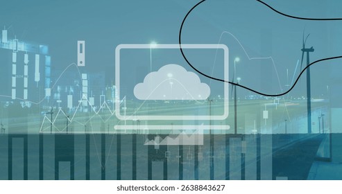 Image of statistical data processing over spinning windmills against night city traffic. Renewable energy and business data technology concept