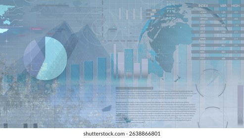 Image of statistical data processing over spinning globe against tall buildings. Global networking and business technology concept - Powered by Shutterstock - Get 15% off with code: PIKWIZARD15