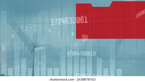 Image of statistical data processing over spinning windmill against blue sky. Renewable energy and business data technology concept