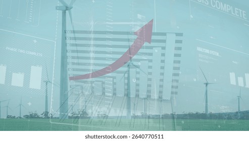 Image of statistical data processing over spinning windmills on grassland against blue sky. Renewable energy and business technology concept