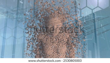 Image of statistical data processing over human body model against blue background. Computer interface and business data technology concept