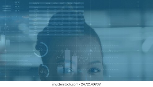 Image of statistical data processsing over portrait of eyes of african american woman at office. Computer interface and business data technology concept