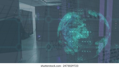 Image of statistical and stock market data processing over spinning globe against server room. Global economy and business data storage technology concept - Powered by Shutterstock