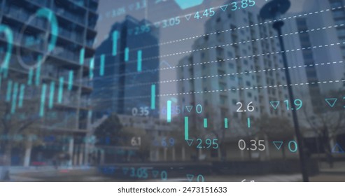 Image of statistical and stock market data processing against view of tall buildings. Global economy and business data technology concept - Powered by Shutterstock