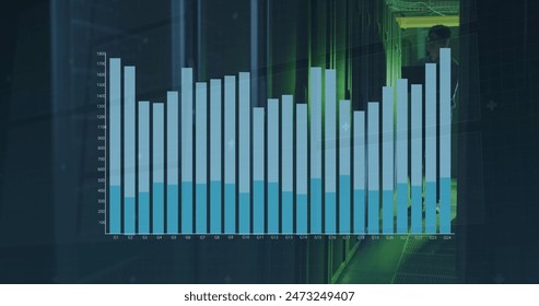 Image of statistical and stock market data processing against asian male engineer in server room. Global economy and business data storage technology concept - Powered by Shutterstock