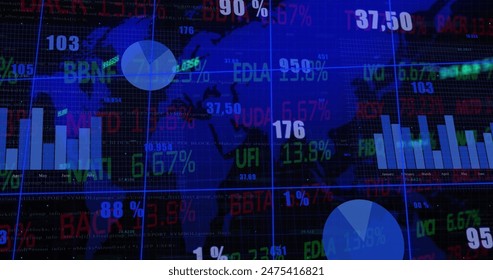 Image of statistical and stock market data processing over world map against black background, copy space. Global economy and business data technology concept - Powered by Shutterstock